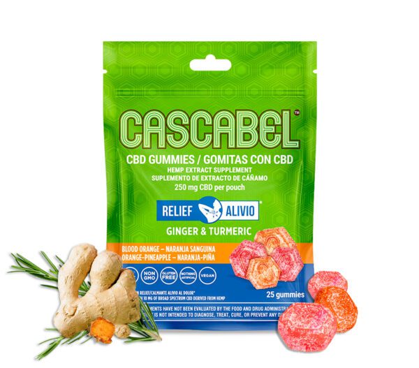 CBD Relief Gummies 25 ct - with product and ingredients displayed | Cascabel™ | Daily Supplement | GMP Compliant | Locally Sourced